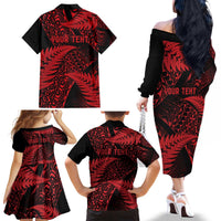 New Zealand Rugby Pacific Personalised Family Matching Off The Shoulder Long Sleeve Dress and Hawaiian Shirt All Red Maori Pasifika Fern Pattern