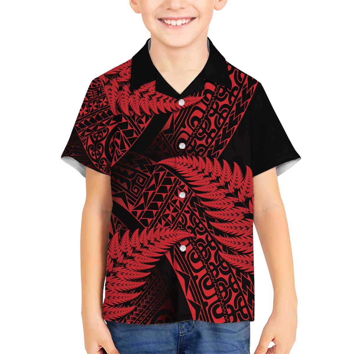 New Zealand Rugby Pacific Personalised Family Matching Off The Shoulder Long Sleeve Dress and Hawaiian Shirt All Red Maori Pasifika Fern Pattern