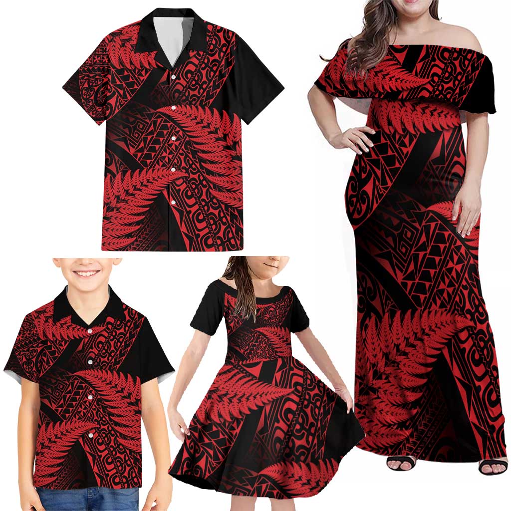 New Zealand Rugby Pacific Personalised Family Matching Off Shoulder Maxi Dress and Hawaiian Shirt All Red Maori Pasifika Fern Pattern