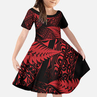 New Zealand Rugby Pacific Personalised Family Matching Tank Maxi Dress and Hawaiian Shirt All Red Maori Pasifika Fern Pattern LT9 Daughter's Dress Red - Polynesian Pride