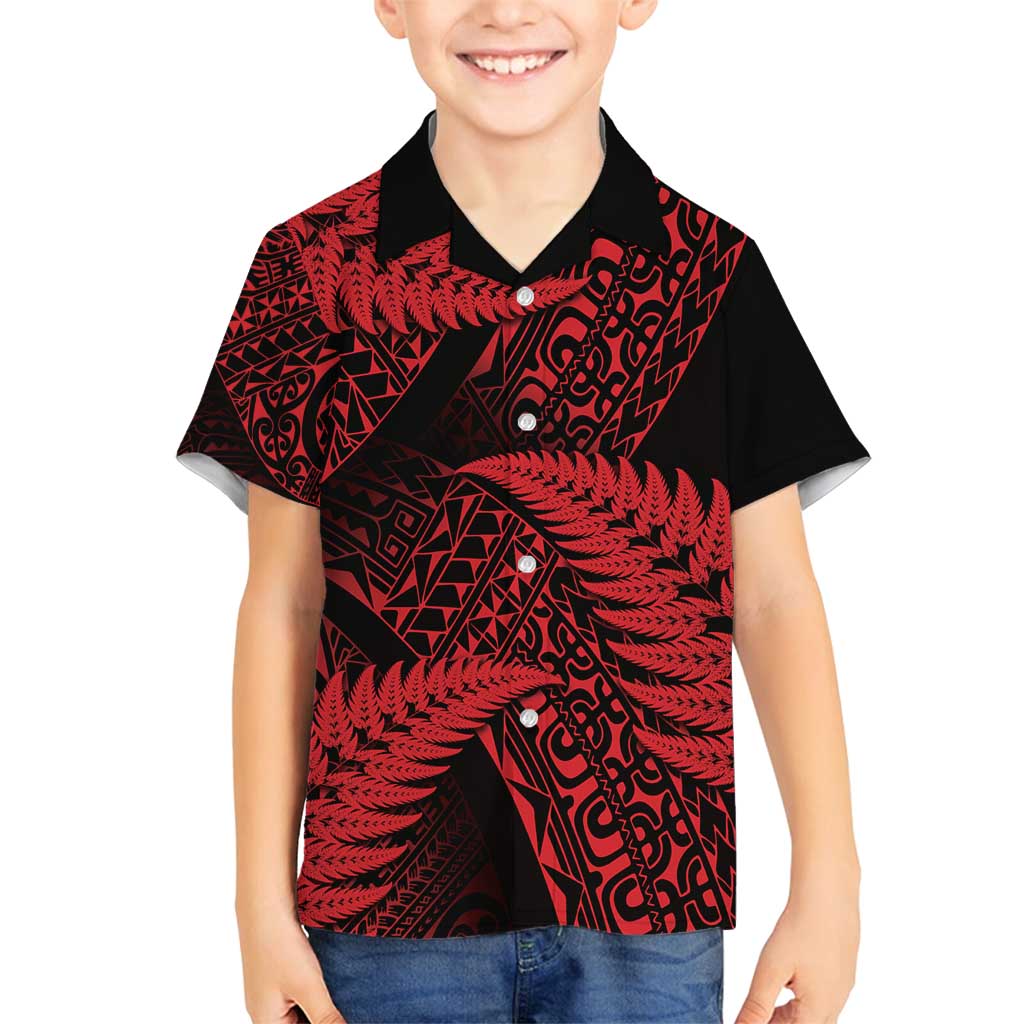 New Zealand Rugby Pacific Personalised Family Matching Tank Maxi Dress and Hawaiian Shirt All Red Maori Pasifika Fern Pattern LT9 Son's Shirt Red - Polynesian Pride