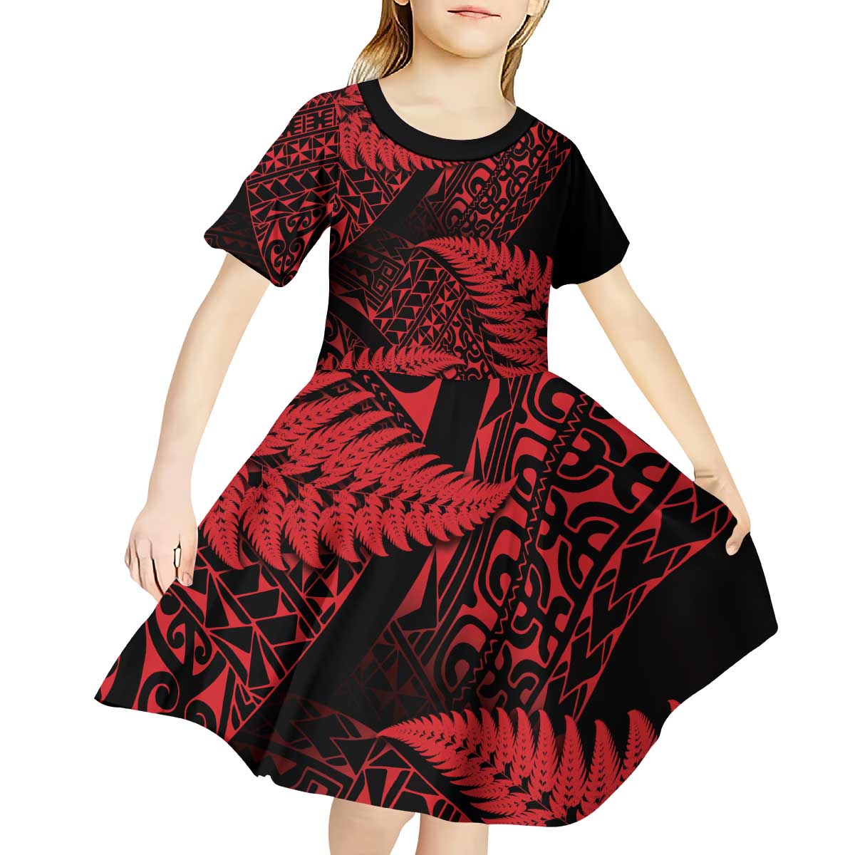 New Zealand Rugby Pacific Personalised Kid Short Sleeve Dress All Red Maori Pasifika Fern Pattern