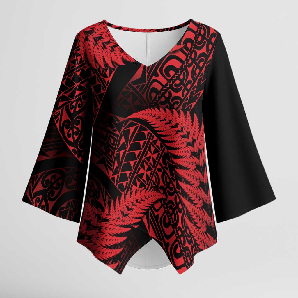 New Zealand Rugby Pacific Personalised Kimono Sleeve Blouse All Red Maori Pasifika Fern Pattern - Polynesian Pride
