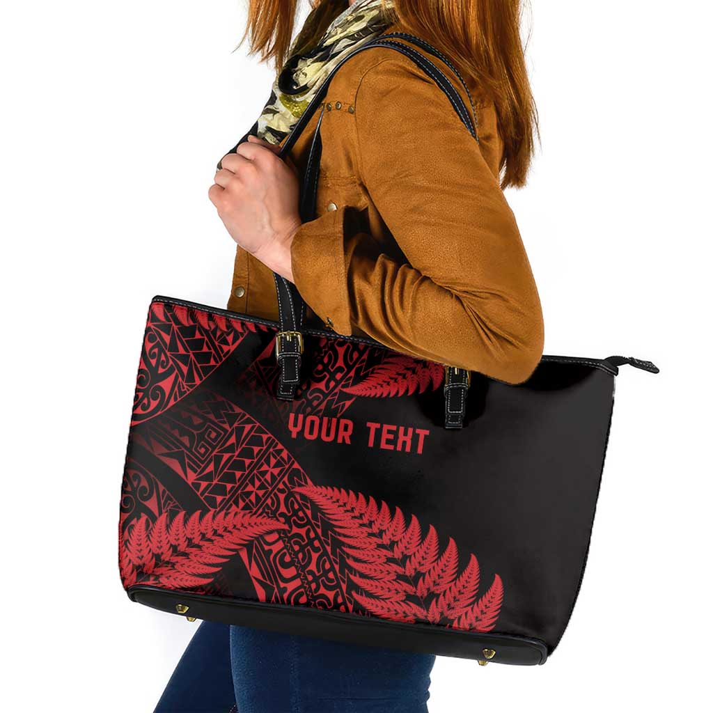 New Zealand Rugby Pacific Personalised Leather Tote Bag All Red Maori Pasifika Fern Pattern LT9 Red - Polynesian Pride