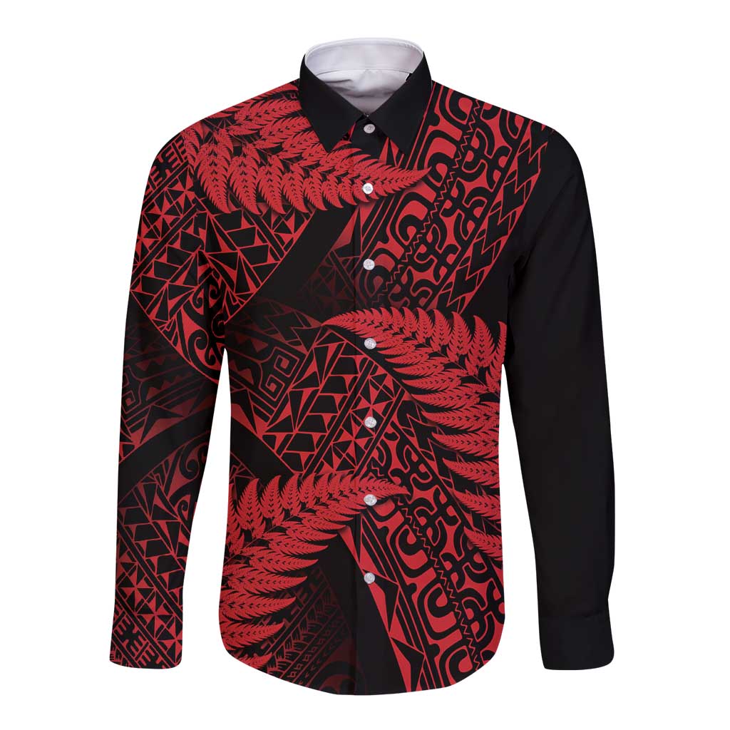 New Zealand Rugby Pacific Personalised Long Sleeve Button Shirt All Red Maori Pasifika Fern Pattern LT9 Unisex Red - Polynesian Pride