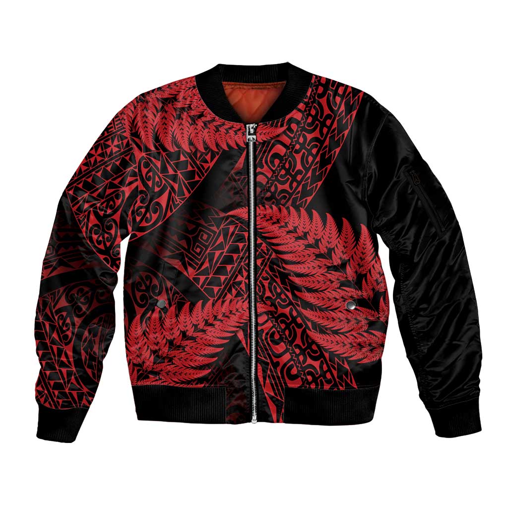 New Zealand Rugby Pacific Personalised Sleeve Zip Bomber Jacket All Red Maori Pasifika Fern Pattern LT9 Unisex Red - Polynesian Pride