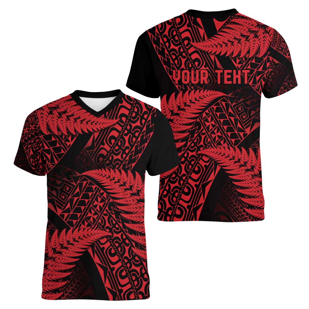 New Zealand Rugby Pacific Personalised Women V-Neck T-Shirt All Red Maori Pasifika Fern Pattern LT9 - Polynesian Pride