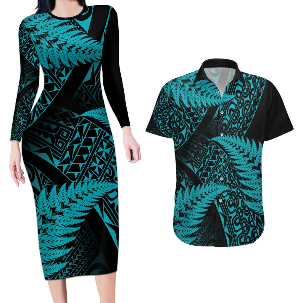 New Zealand Rugby Pacific Personalised Couples Matching Long Sleeve Bodycon Dress and Hawaiian Shirt All Turquoise Maori Pasifika Fern Pattern