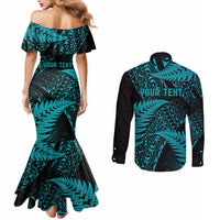 New Zealand Rugby Pacific Personalised Couples Matching Mermaid Dress and Long Sleeve Button Shirt All Turquoise Maori Pasifika Fern Pattern