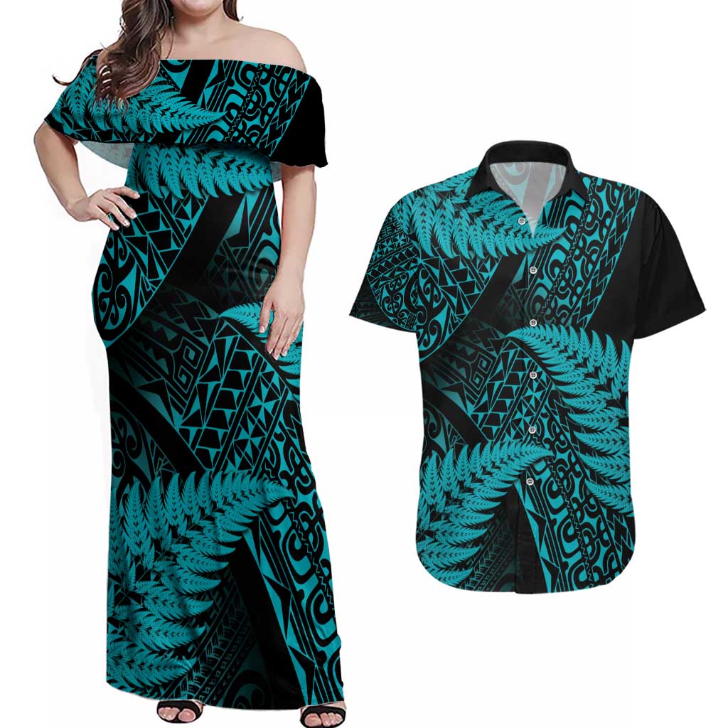 New Zealand Rugby Pacific Personalised Couples Matching Off Shoulder Maxi Dress and Hawaiian Shirt All Turquoise Maori Pasifika Fern Pattern