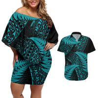 New Zealand Rugby Pacific Personalised Couples Matching Off Shoulder Short Dress and Hawaiian Shirt All Turquoise Maori Pasifika Fern Pattern