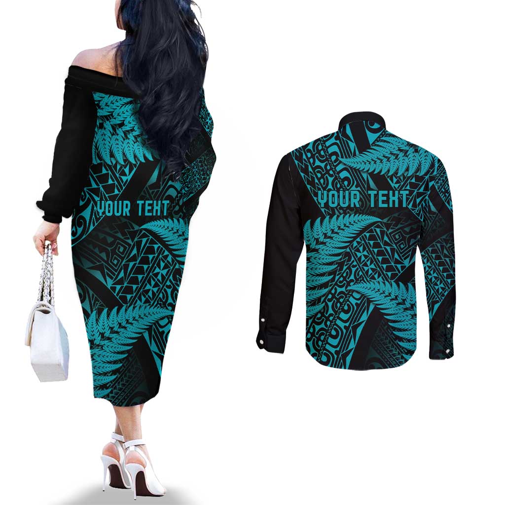 New Zealand Rugby Pacific Personalised Couples Matching Off The Shoulder Long Sleeve Dress and Long Sleeve Button Shirt All Turquoise Maori Pasifika Fern Pattern