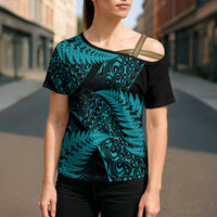New Zealand Rugby Pacific Personalised Cross Shoulder Shirt All Turquoise Maori Pasifika Fern Pattern - Polynesian Pride