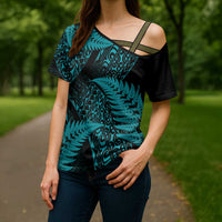 New Zealand Rugby Pacific Personalised Cross Shoulder Shirt All Turquoise Maori Pasifika Fern Pattern - Polynesian Pride