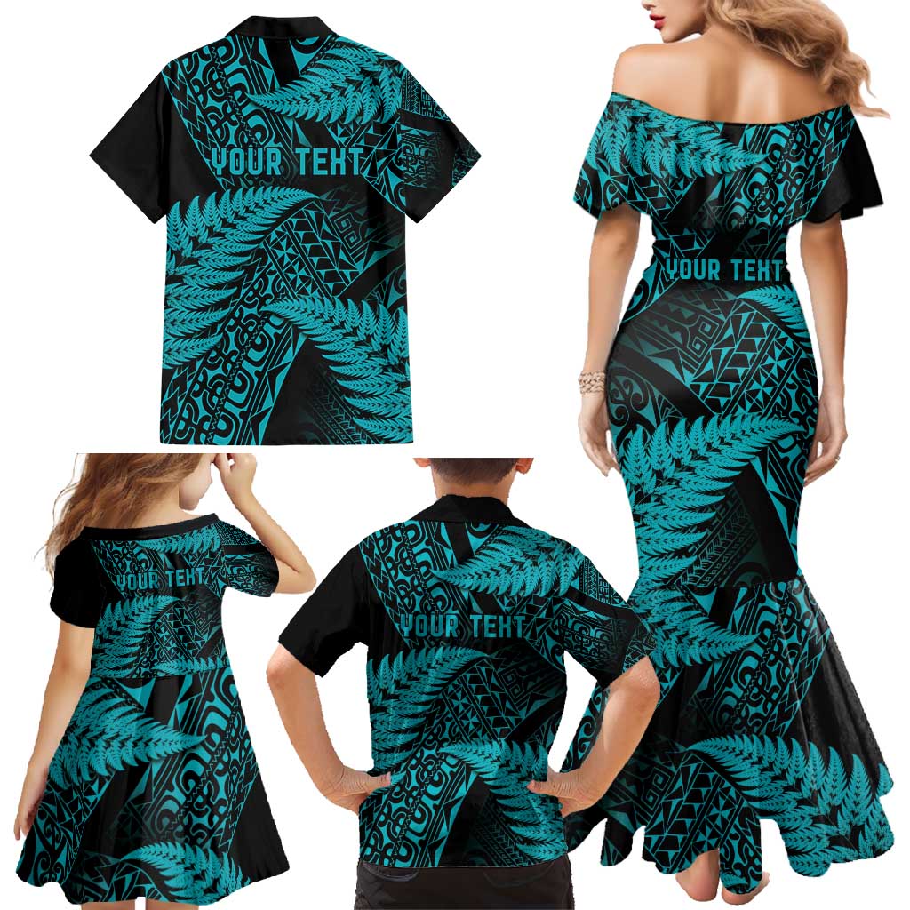 New Zealand Rugby Pacific Personalised Family Matching Mermaid Dress and Hawaiian Shirt All Turquoise Maori Pasifika Fern Pattern