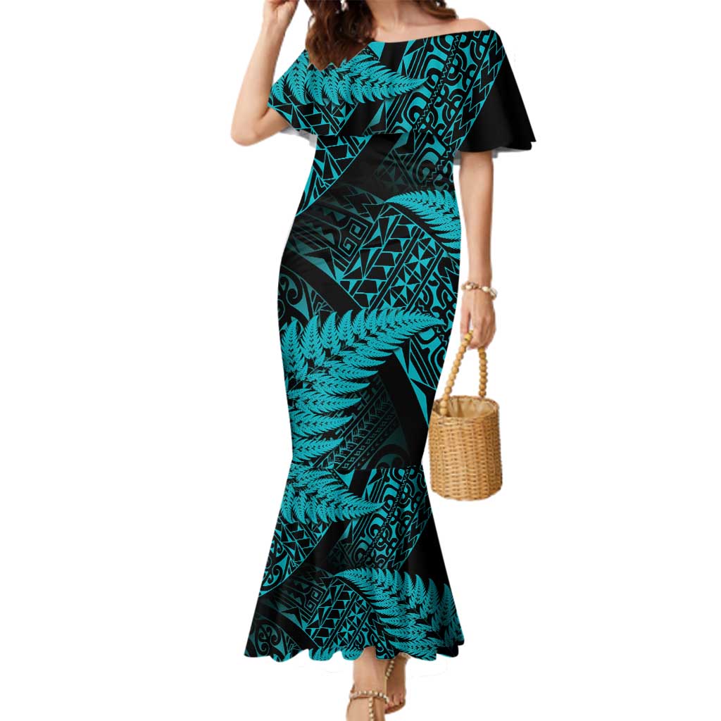 New Zealand Rugby Pacific Personalised Family Matching Mermaid Dress and Hawaiian Shirt All Turquoise Maori Pasifika Fern Pattern