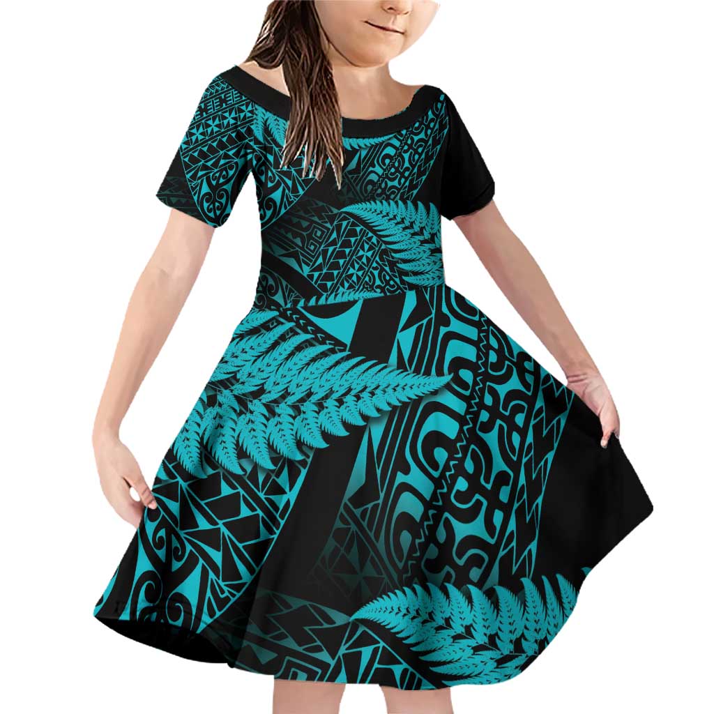 New Zealand Rugby Pacific Personalised Family Matching Off Shoulder Short Dress and Hawaiian Shirt All Turquoise Maori Pasifika Fern Pattern