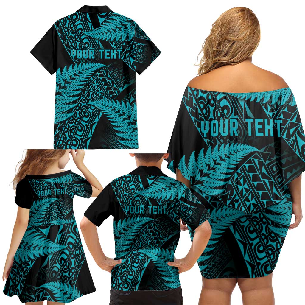 New Zealand Rugby Pacific Personalised Family Matching Off Shoulder Short Dress and Hawaiian Shirt All Turquoise Maori Pasifika Fern Pattern