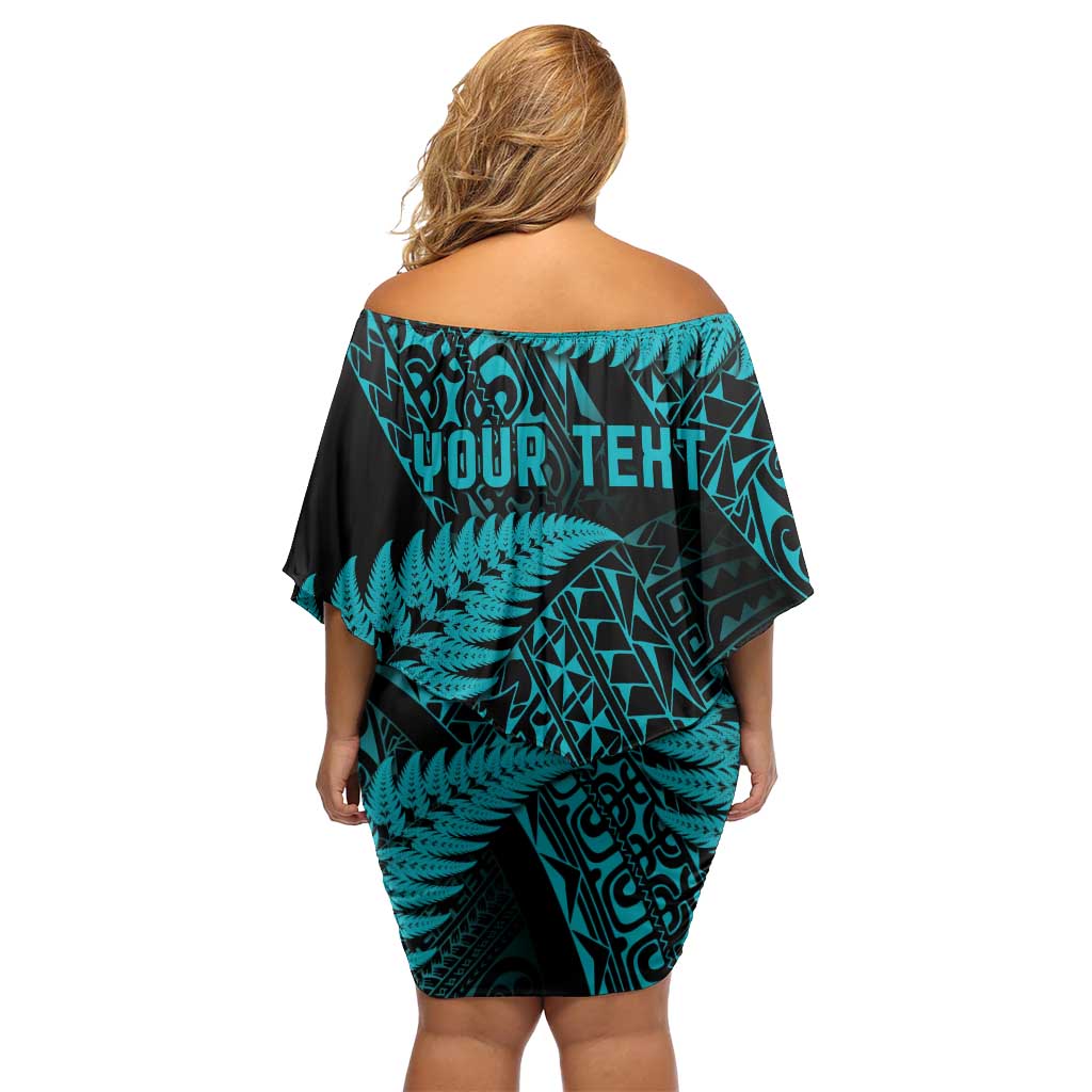New Zealand Rugby Pacific Personalised Family Matching Off Shoulder Short Dress and Hawaiian Shirt All Turquoise Maori Pasifika Fern Pattern