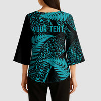 New Zealand Rugby Pacific Personalised Kimono Sleeve Blouse All Turquoise Maori Pasifika Fern Pattern - Polynesian Pride