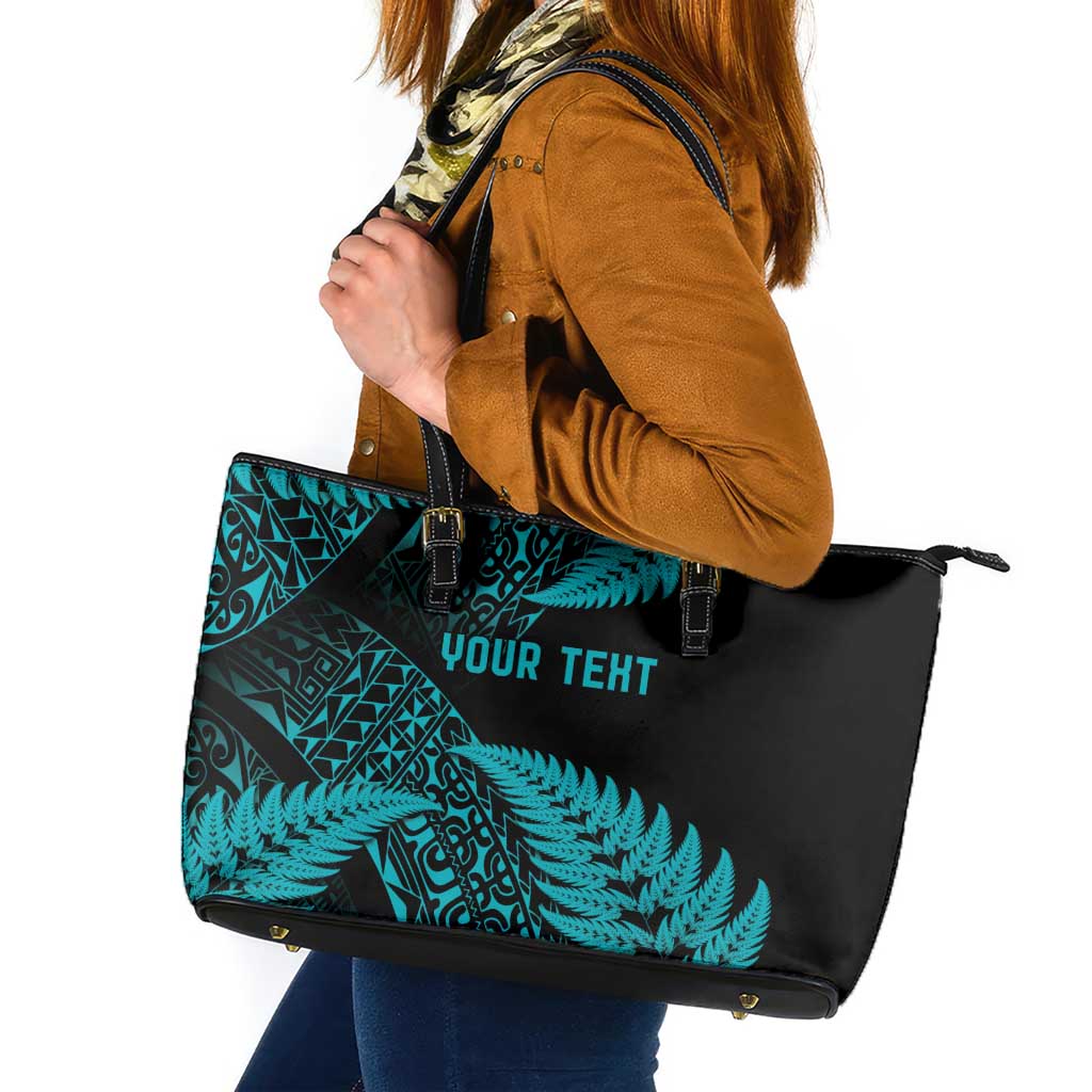 New Zealand Rugby Pacific Personalised Leather Tote Bag All Turquoise Maori Pasifika Fern Pattern LT9 Turquoise - Polynesian Pride