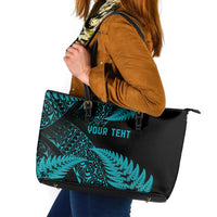 New Zealand Rugby Pacific Personalised Leather Tote Bag All Turquoise Maori Pasifika Fern Pattern LT9 Turquoise - Polynesian Pride