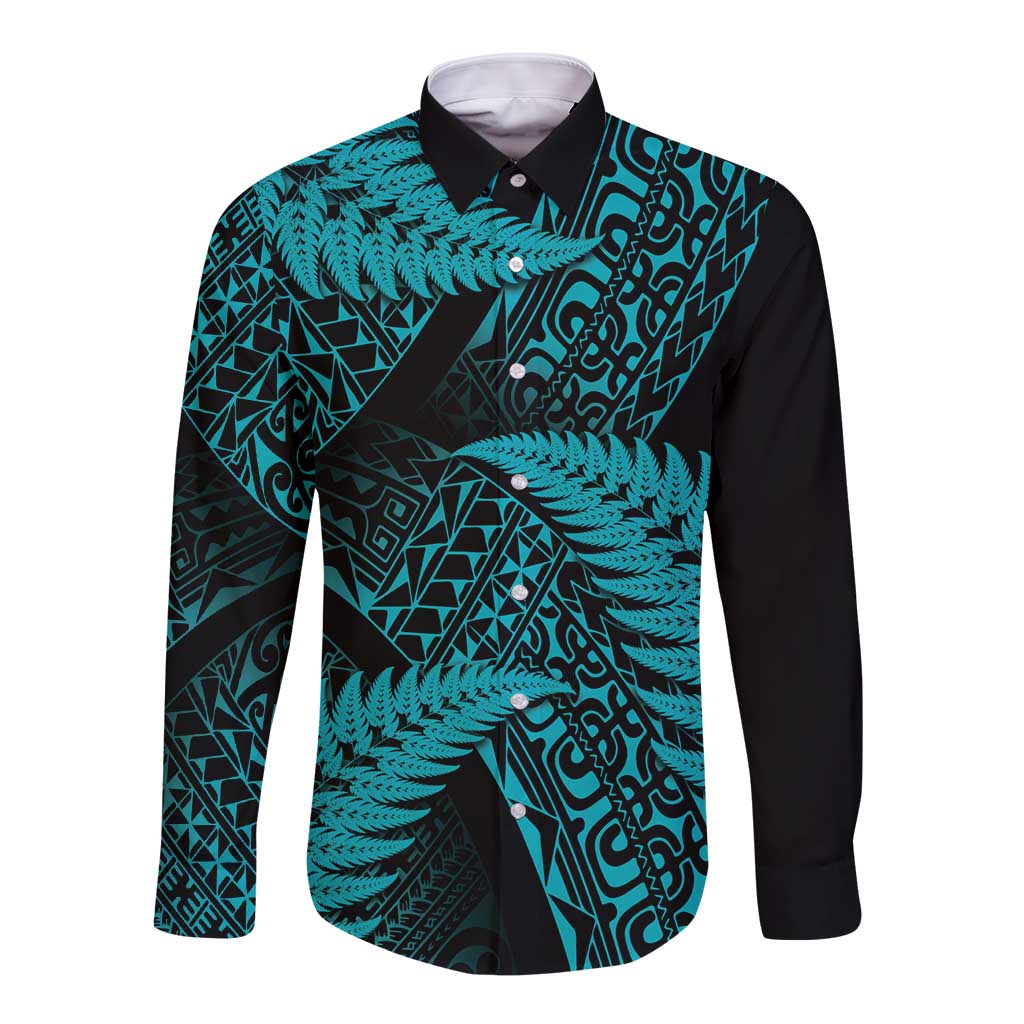New Zealand Rugby Pacific Personalised Long Sleeve Button Shirt All Turquoise Maori Pasifika Fern Pattern LT9 Unisex Turquoise - Polynesian Pride