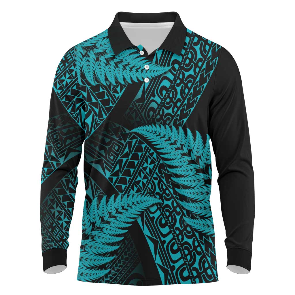 New Zealand Rugby Pacific Personalised Long Sleeve Polo Shirt All Turquoise Maori Pasifika Fern Pattern