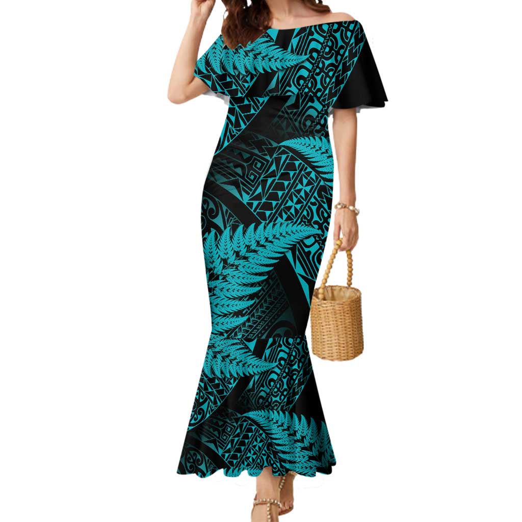 New Zealand Rugby Pacific Personalised Mermaid Dress All Turquoise Maori Pasifika Fern Pattern