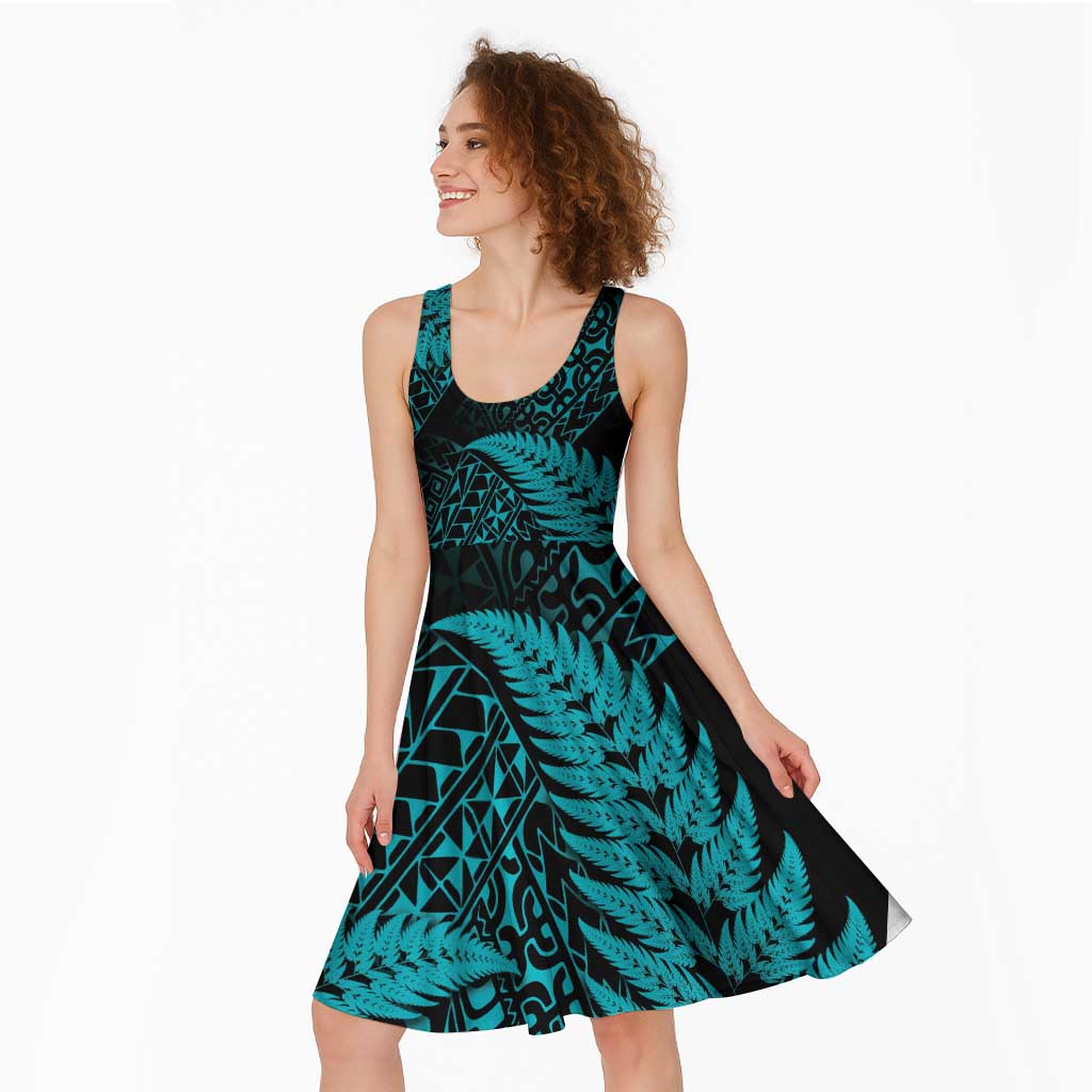 New Zealand Rugby Pacific Personalised Midi Dress All Turquoise Maori Pasifika Fern Pattern LT9 - Polynesian Pride