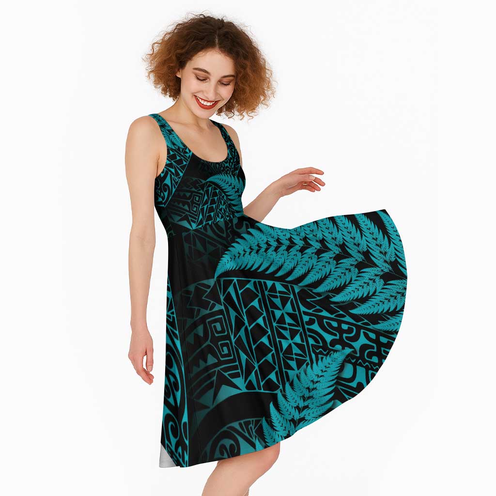 New Zealand Rugby Pacific Personalised Midi Dress All Turquoise Maori Pasifika Fern Pattern LT9 - Polynesian Pride
