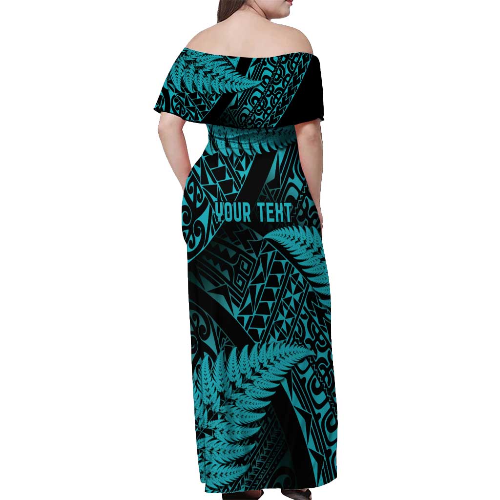 New Zealand Rugby Pacific Personalised Off Shoulder Maxi Dress All Turquoise Maori Pasifika Fern Pattern