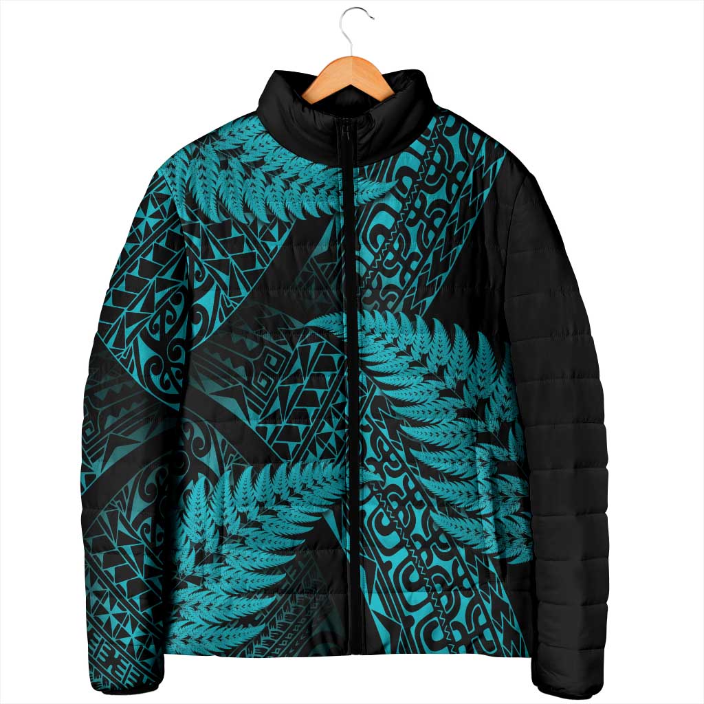 New Zealand Rugby Pacific Personalised Padded Jacket All Turquoise Maori Pasifika Fern Pattern - Polynesian Pride