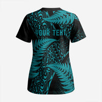 New Zealand Rugby Pacific Personalised Scrub Top All Turquoise Maori Pasifika Fern Pattern - Polynesian Pride