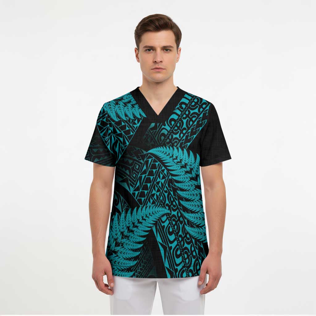 New Zealand Rugby Pacific Personalised Scrub Top All Turquoise Maori Pasifika Fern Pattern - Polynesian Pride