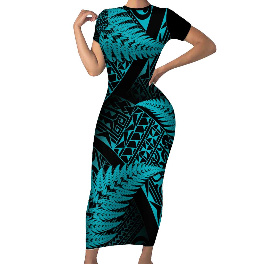 New Zealand Rugby Pacific Personalised Short Sleeve Bodycon Dress All Turquoise Maori Pasifika Fern Pattern
