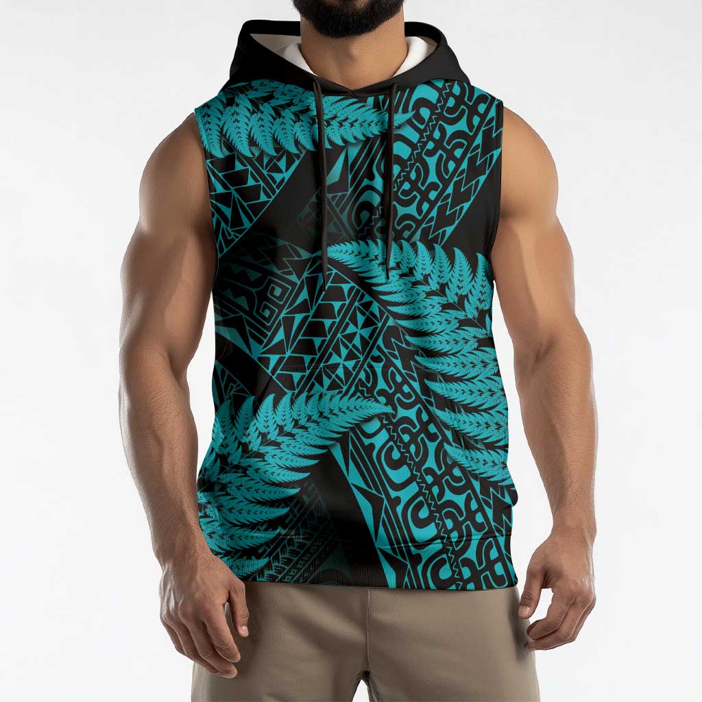 New Zealand Rugby Pacific Personalised Sleeveless Hoodie All Turquoise Maori Pasifika Fern Pattern - Polynesian Pride