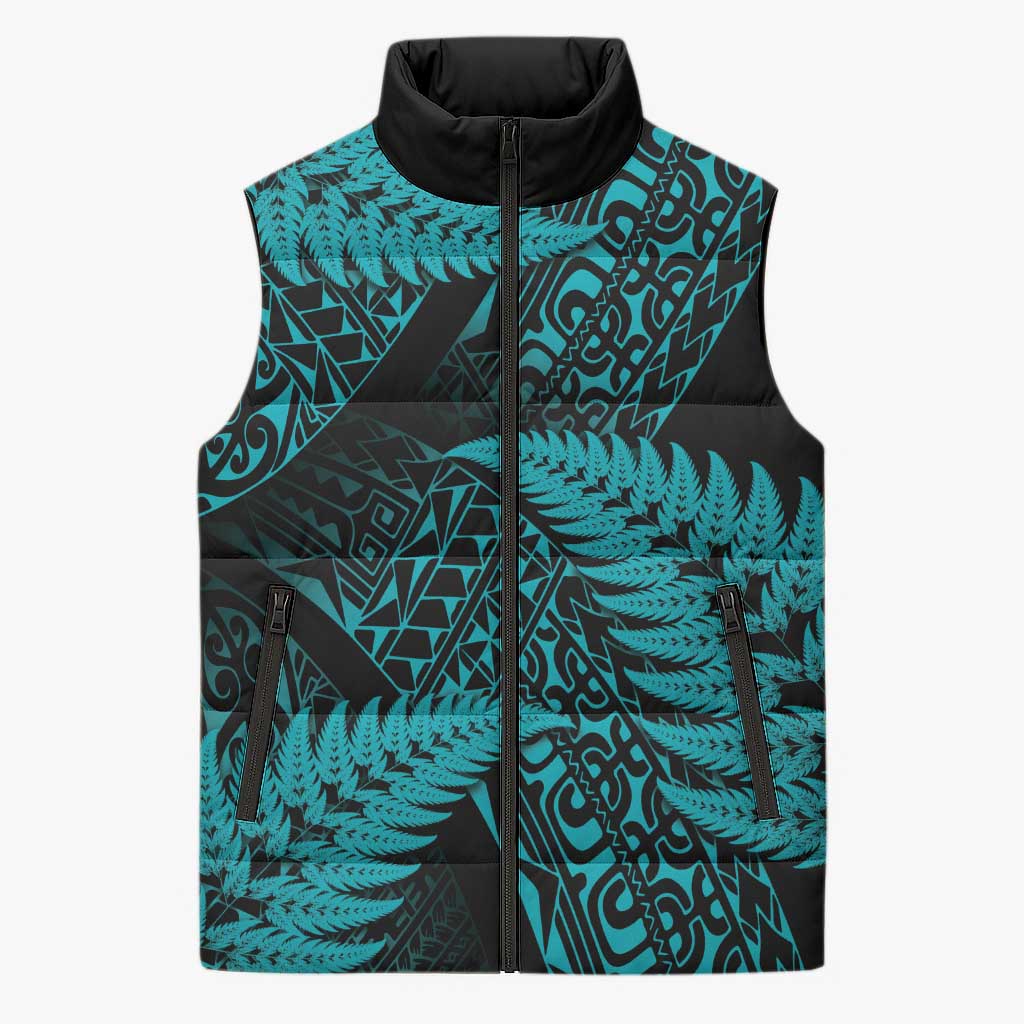 New Zealand Rugby Pacific Personalised Sleeveless Puffer Jacket All Turquoise Maori Pasifika Fern Pattern - Polynesian Pride
