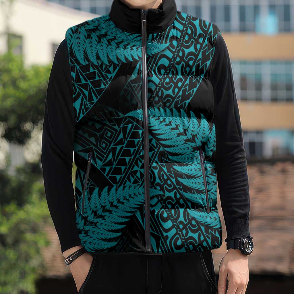 New Zealand Rugby Pacific Personalised Sleeveless Puffer Jacket All Turquoise Maori Pasifika Fern Pattern - Polynesian Pride