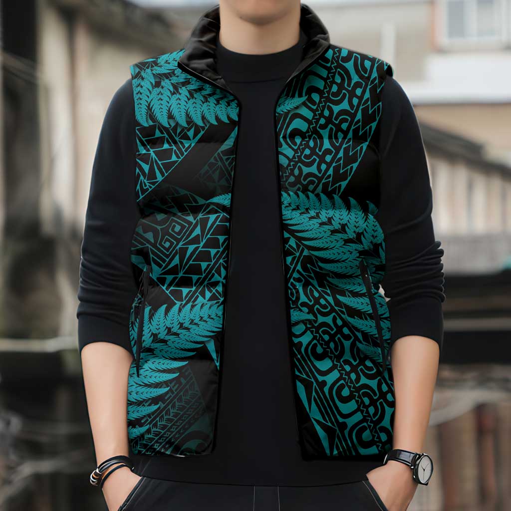 New Zealand Rugby Pacific Personalised Sleeveless Puffer Jacket All Turquoise Maori Pasifika Fern Pattern - Polynesian Pride