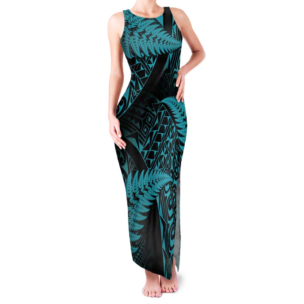 New Zealand Rugby Pacific Personalised Tank Maxi Dress All Turquoise Maori Pasifika Fern Pattern