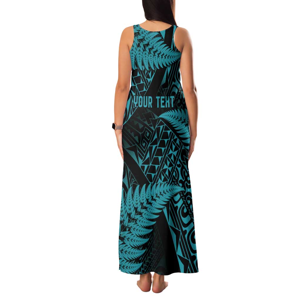 New Zealand Rugby Pacific Personalised Tank Maxi Dress All Turquoise Maori Pasifika Fern Pattern