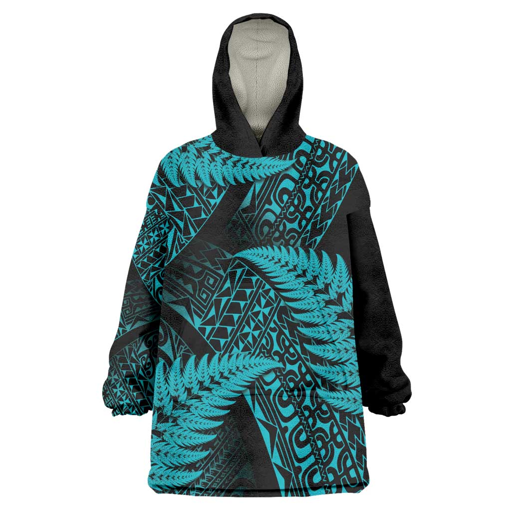 New Zealand Rugby Pacific Personalised Wearable Blanket Hoodie All Turquoise Maori Pasifika Fern Pattern
