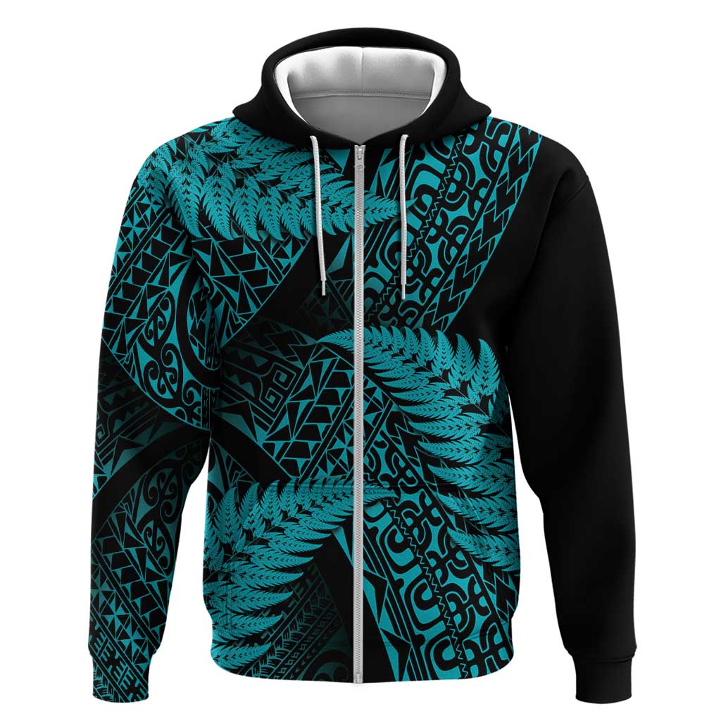 New Zealand Rugby Pacific Personalised Zip Hoodie All Turquoise Maori Pasifika Fern Pattern