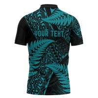 New Zealand Rugby Pacific Personalised Zipper Polo Shirt All Turquoise Maori Pasifika Fern Pattern - Polynesian Pride