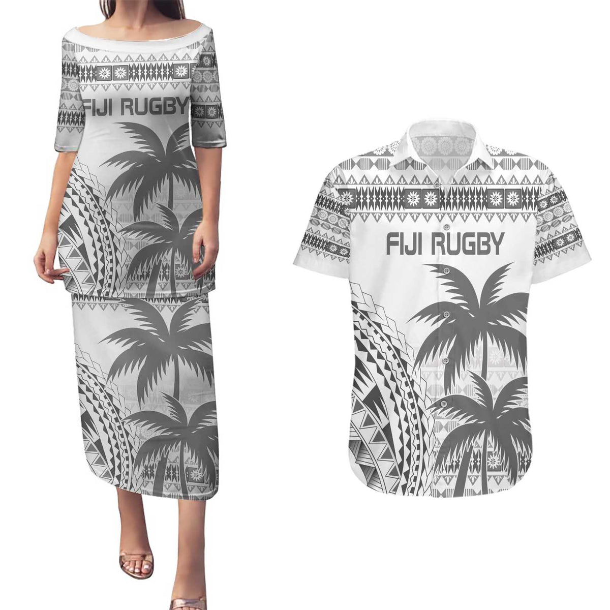 Custom Fiji Rugby Couples Matching Puletasi and Hawaiian Shirt Polynesian Fijian Masi Palm Tree LT9 White - Polynesian Pride