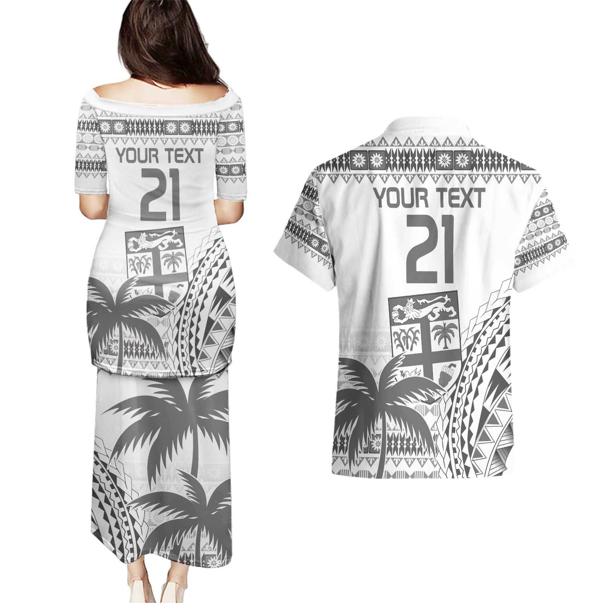 Custom Fiji Rugby Couples Matching Puletasi and Hawaiian Shirt Polynesian Fijian Masi Palm Tree LT9 - Polynesian Pride