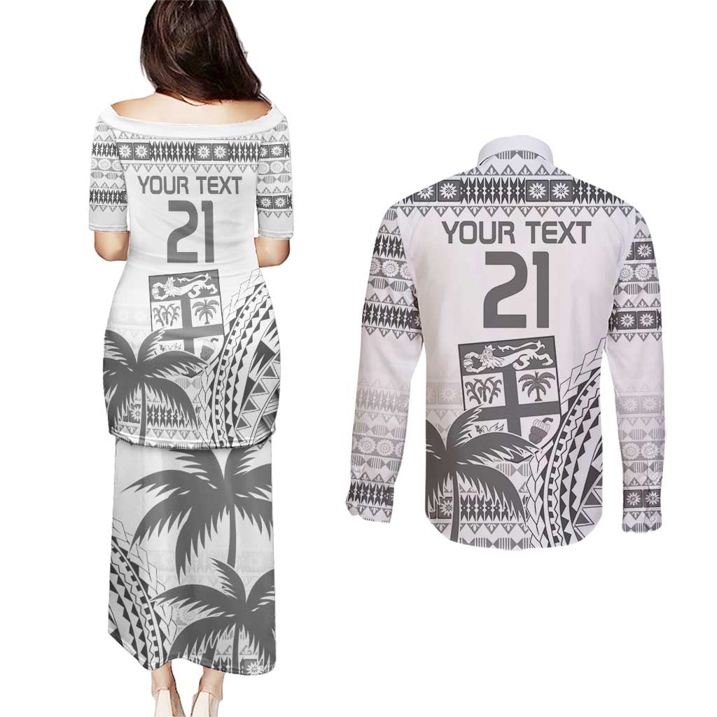 Custom Fiji Rugby Couples Matching Puletasi and Long Sleeve Button Shirt Polynesian Fijian Masi Palm Tree LT9 - Polynesian Pride