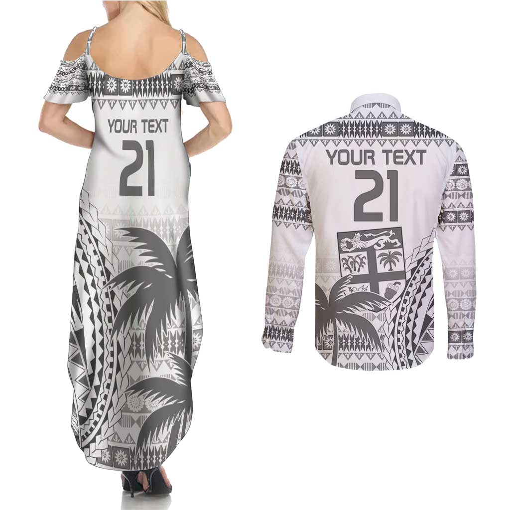 Custom Fiji Rugby Couples Matching Summer Maxi Dress and Long Sleeve Button Shirt Polynesian Fijian Masi Palm Tree