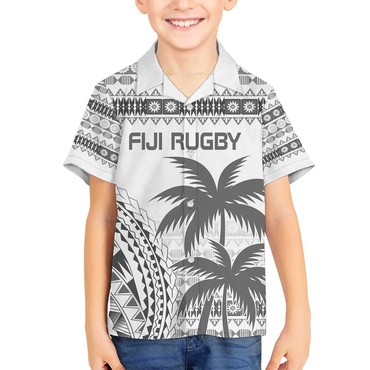 Custom Fiji Rugby Family Matching Off The Shoulder Long Sleeve Dress and Hawaiian Shirt Polynesian Fijian Masi Palm Tree
